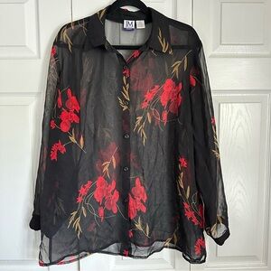 JM Collection Shirt Womens 1X Black Red Floral Sheer Long Sleeve Top Whimsigoth